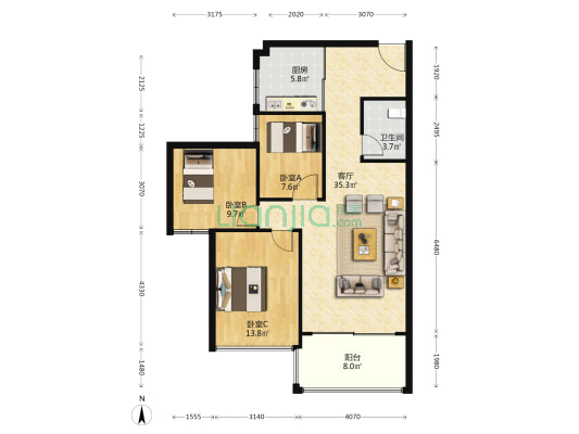碧玉居 3室1厅1卫 89平方
