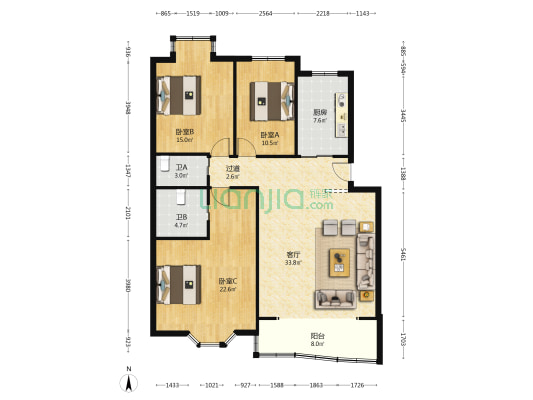 雅源望江花园 3室1厅2卫 125平方