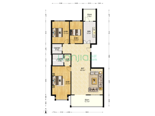 山水嘉园-南区 3室1厅2卫 173平方