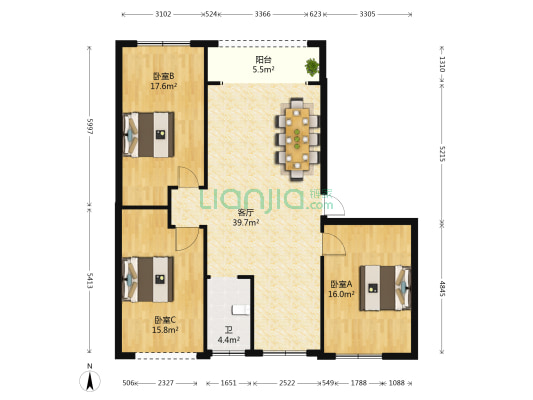 羊角山社区 3室1厅1卫 128平方
