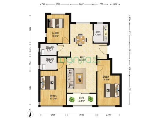 华鸿阳光城翡丽公园 3室1厅2卫 97平方