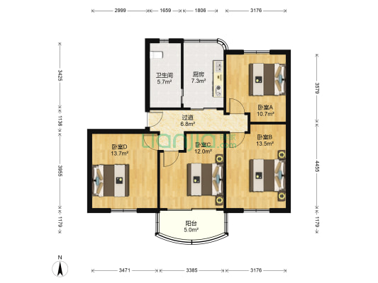 北九峰小区 4室0厅1卫 90平方