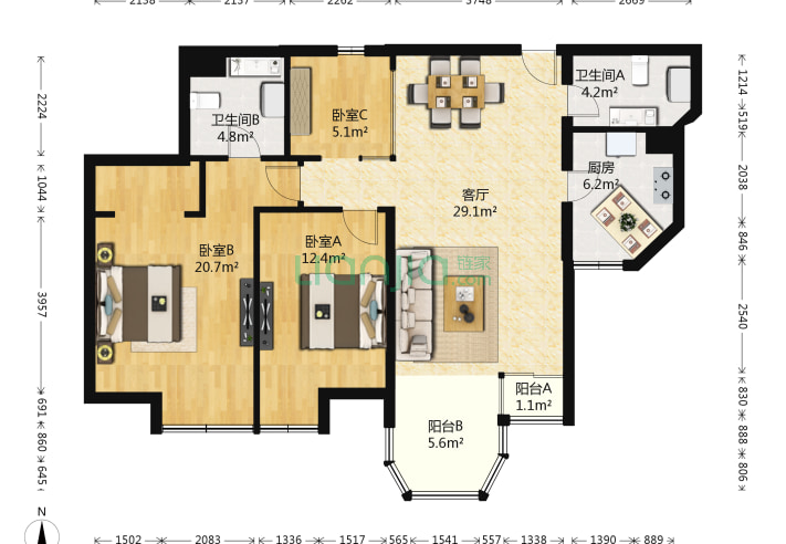 3室1廳2衛119.98㎡-北京珠江峰景戶型圖