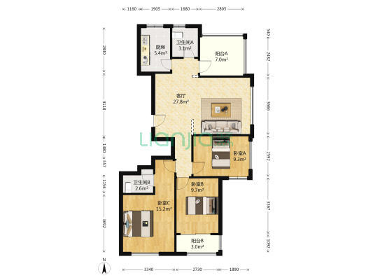 公园家南区 3室1厅2卫 114平方