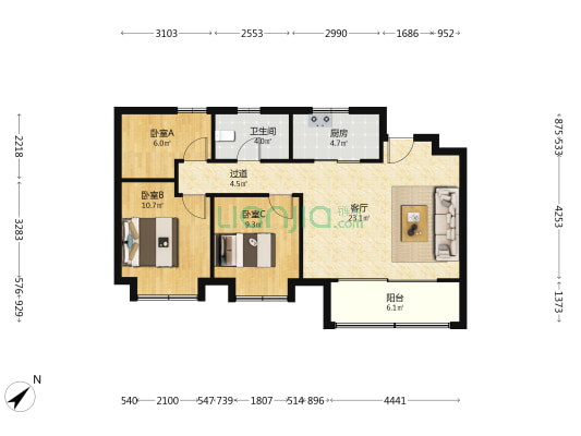时光璟宸 3室1厅1卫 89平方