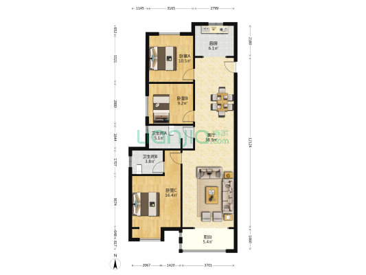 绿都澜湾新苑 3室1厅2卫 130平方