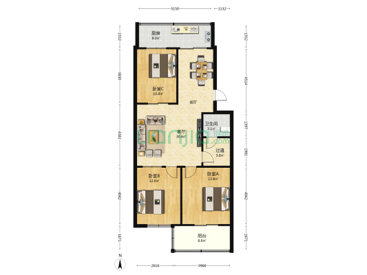一中宿舍 3室1厅1卫 100平方