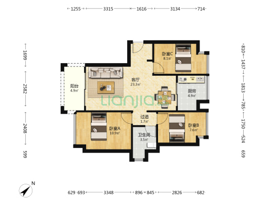 中和居 3室1厅1卫 80平方