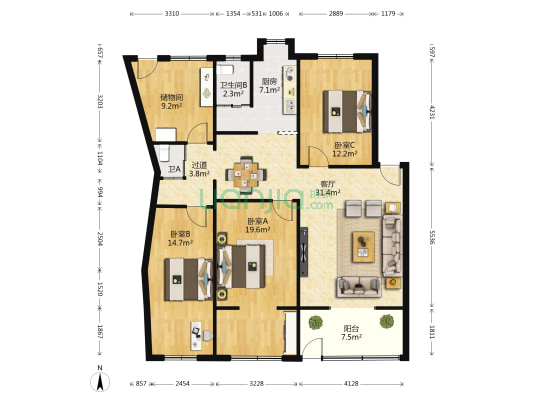 文北商住楼  3室1厅2卫 88平方