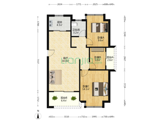 朝阳盈家大厦 3室1厅1卫 102平方
