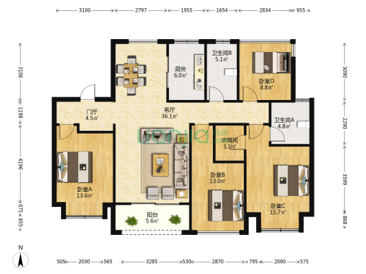 海珀星晖二期 4室1厅2卫 148平方