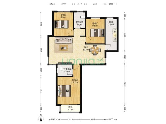 东海盛景南苑 3室1厅2卫 120平方