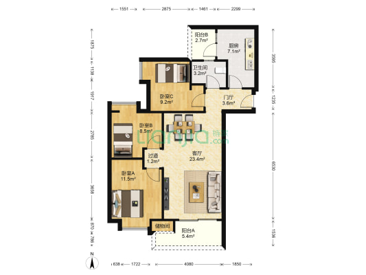 新世界逸彩庭园 3室1厅1卫 103平方