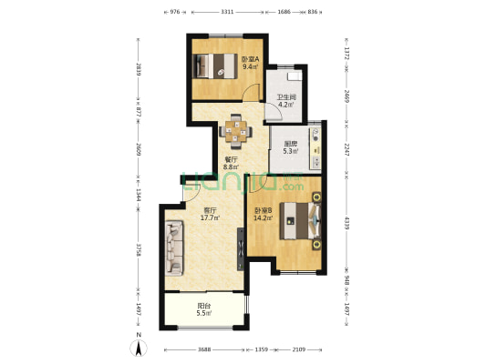 恒达家园 2室2厅1卫 88平方