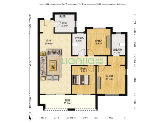 鑫都华庭二期 3室1厅2卫 100平方