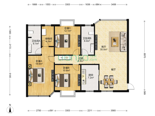 东方广场 3室1厅2卫 153平方