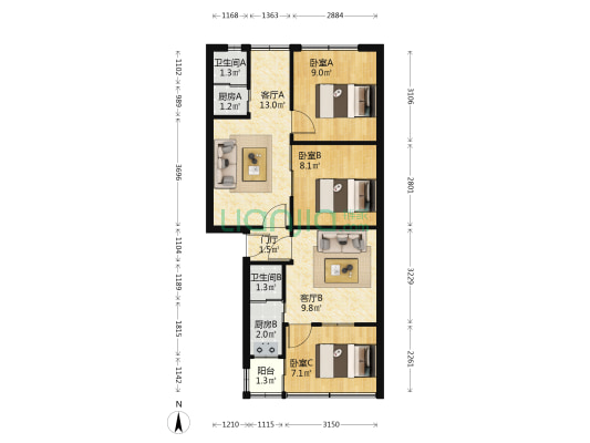 先烈东路沙河大街 3室2厅2卫 68平方