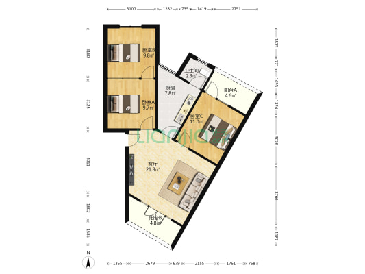物资公司商住楼 3室1厅1卫 82平方