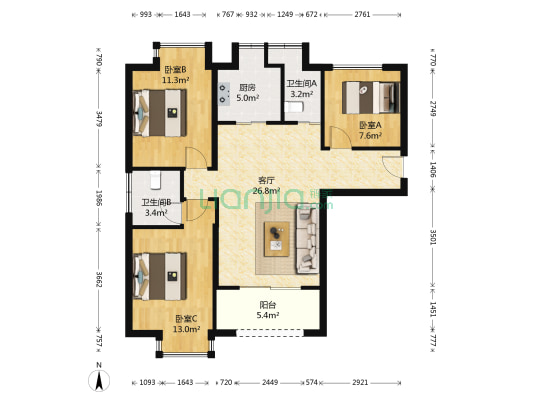 海晟颐翔湾 3室1厅2卫 100平方