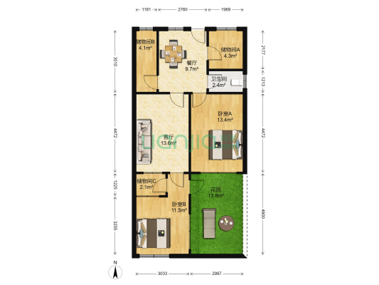 九里机场小区宿舍 2室2厅1卫 54平方