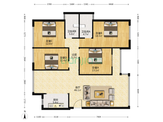 中铁悦龙南山 4室1厅2卫 119平方