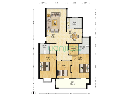 金江花园 3室2厅2卫 127平方