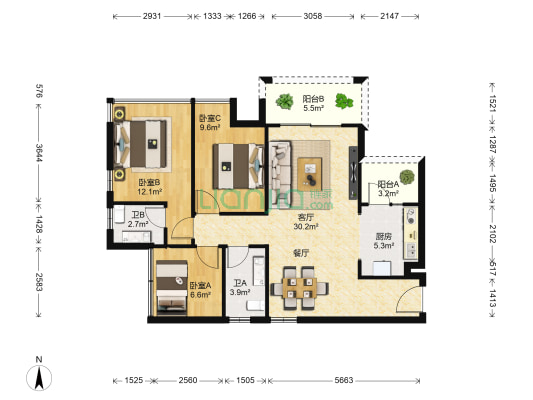 融创融公馆融懿苑 3室1厅2卫 92平方
