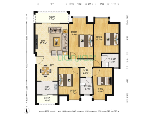 中铁逸都国际E区 4室1厅2卫 132平方