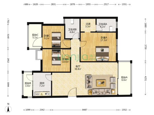 首席溪山庭院 3室1厅2卫 134平方