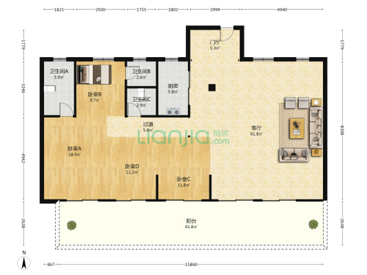 中海半山壹号 4室1厅3卫 176平方