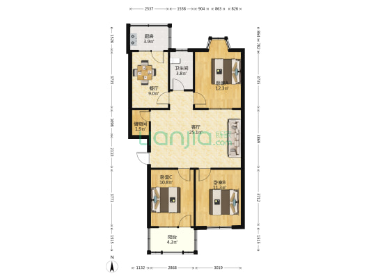名都家园 3室2厅1卫 106平方