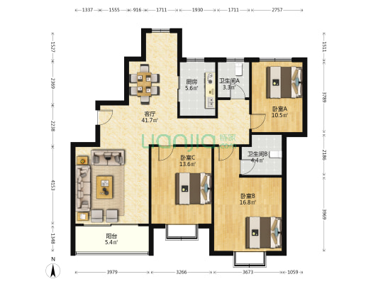 海棠花园(大丰区) 3室1厅2卫 137平方