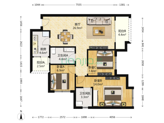 龙腾东麓城 3室1厅2卫 89平方