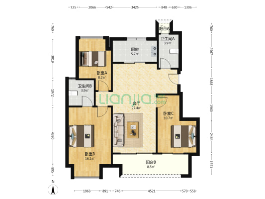 万科城市花园锦阅 3室1厅2卫 101平方