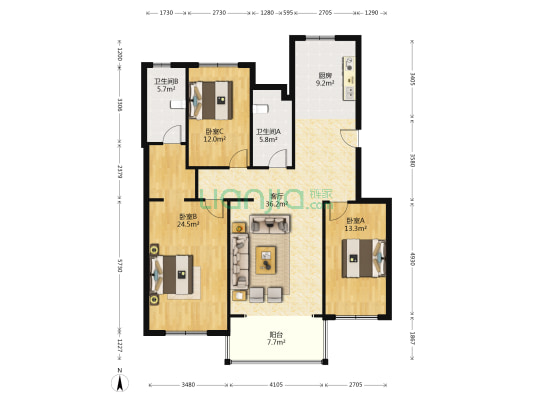 万盛理想国香郡 3室1厅2卫 144平方