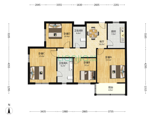 玫瑰苑小区 4室1厅2卫 109平方