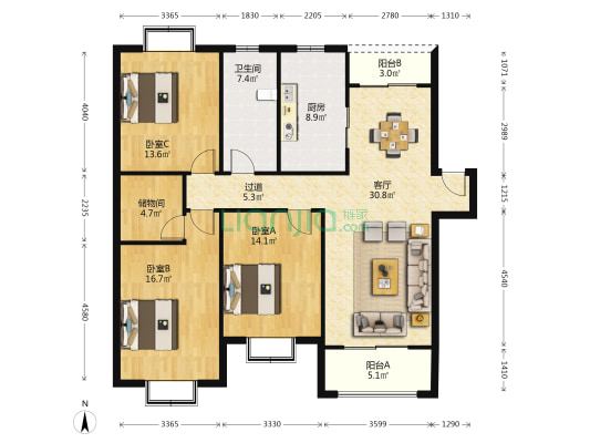 长江新城花园 3室1厅1卫 131平方