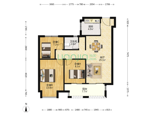 新城伟业悦隽平澜府 3室1厅1卫 102平方