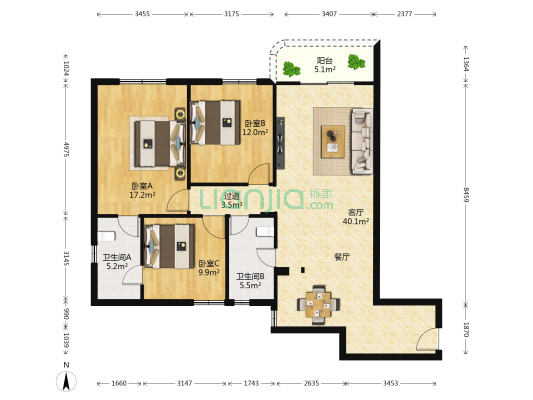 白鹭花园 3室1厅2卫 122平方