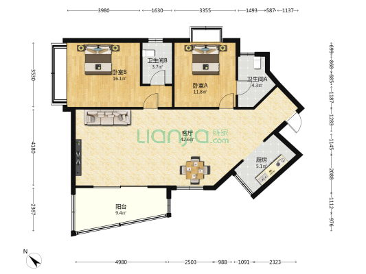 汇凯花园 2室1厅2卫 109平方