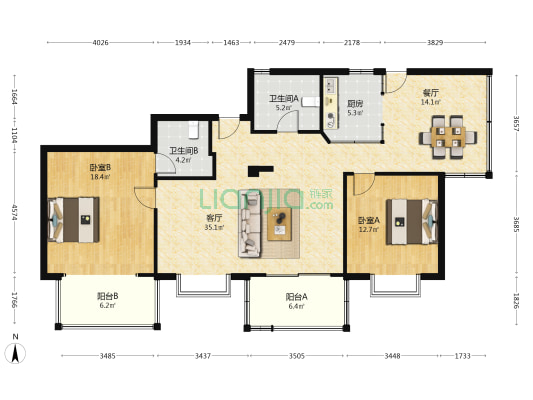 绿洲尧舜公寓 2室2厅2卫 131平方