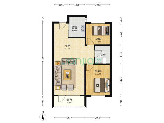 御湖壹号 2室1厅1卫 82平方