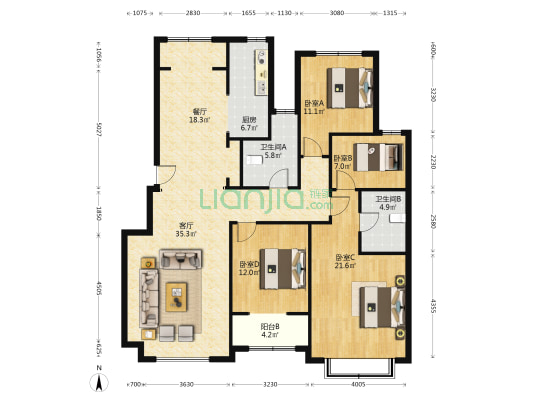 一梯两户，集中供暖，南北通透格局，四居室-户型图