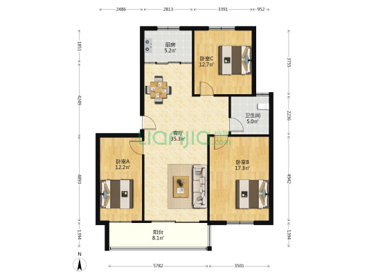 华祥鼎盛花园 3室1厅1卫 111平方