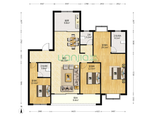 桃花岛 3室1厅3卫 166平方