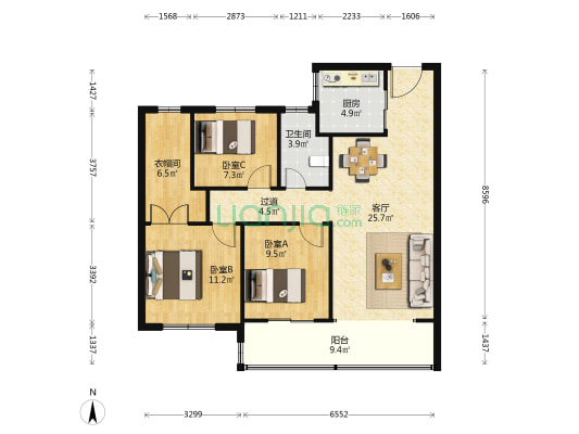禹洲鹭湖朗廷 3室1厅1卫 100平方