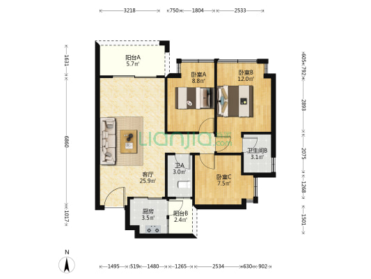 半山郡 3室1厅2卫 85平方