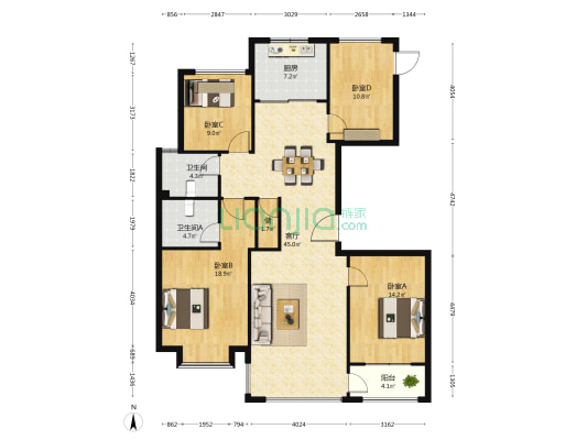 合湖花园 4室1厅2卫 144平方