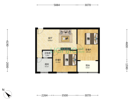长城寿苑2号 2室1厅1卫 66平方