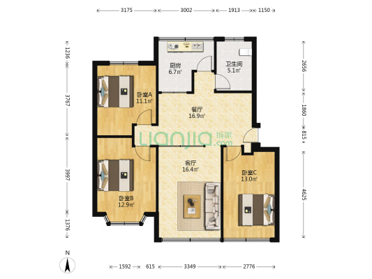 产业区管委家属楼 3室2厅1卫 100平方
